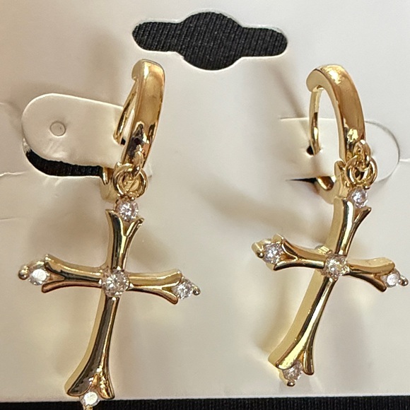 Jewelry - Gold Toned Cross Hoop Drop Earrings - NWOT